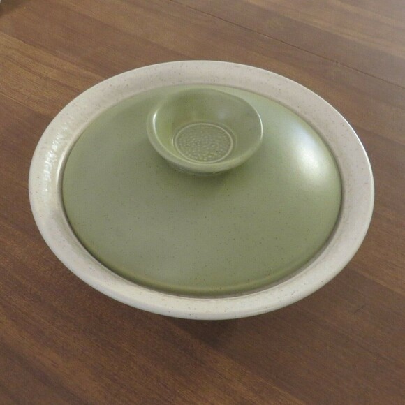 Calif Pottery 715 Mid Century Modern Bowl 1 qt Ivory Speckled Lid Lime Green USA - Picture 11 of 12